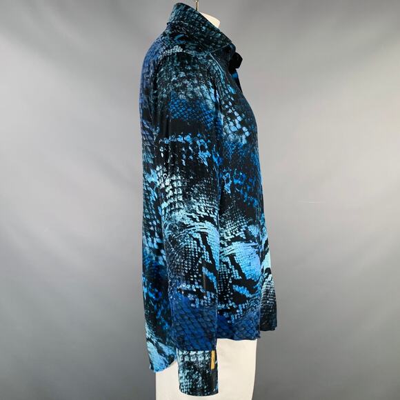 BILLIONAIRE COUTURE Size XL Black Blue Snake Silk Button Up Long Sleeve Shirt - Picture 3 of 6